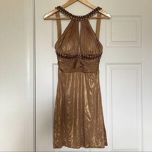 Vintage Metallic gold color with beads halted open back Dress